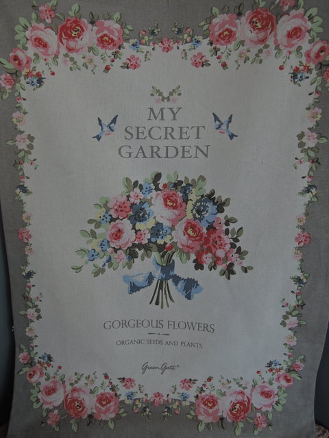 GreenGate My Secret Garden Tea Towel Blue Birds Pink Roses