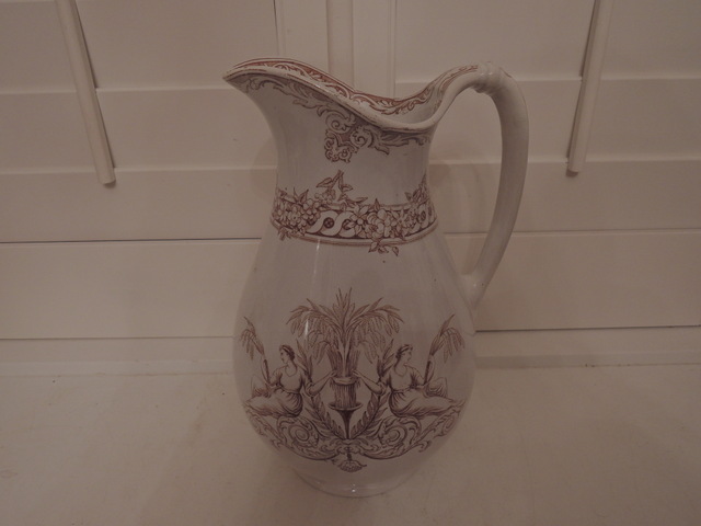 Large Antique French Brown Transferware Harvest Ironstone Pitcher