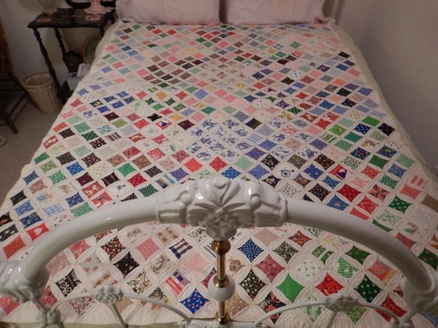 Hand Made Cathedral Window Quilt Blanket 79" x 58" Beautiful Fabrics Superb Condition