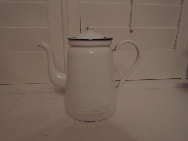 Vintage French White Enamel w/Cobalt Blue Rim Coffee Pot 1930's Enamelware