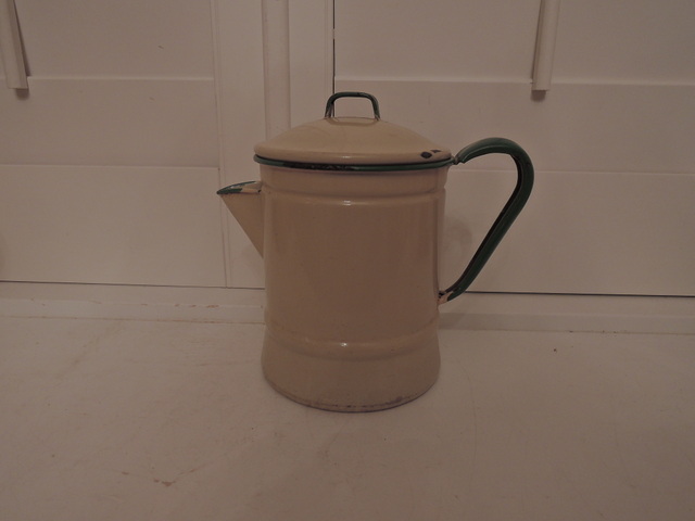 Vintage French Enamel Cream & Green Teapot/Coffee Pot Enamelware