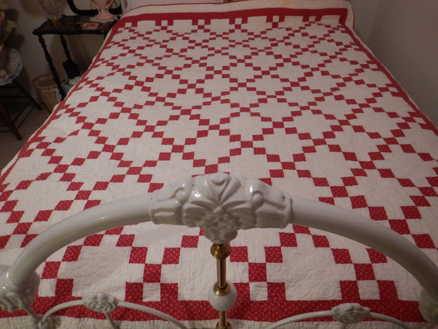 Antique Nine Patch Red & White Hand Quilted 78" x 63" Quilt 1930's