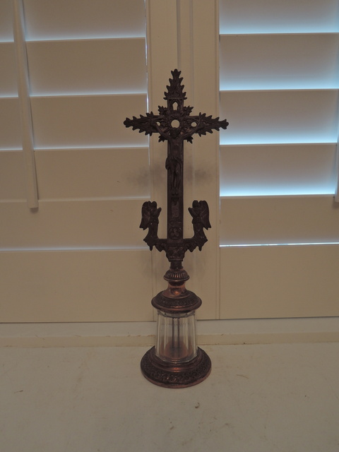 Vintage French Cast Iron Brass Jesus Altar Cross Crucifix w/Angels Glass