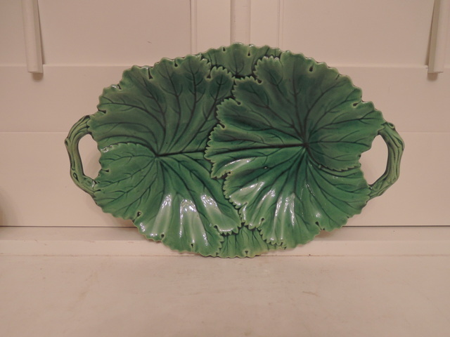 Antique Copeland Green Leaf Majolica Handled Platter Dish Plate