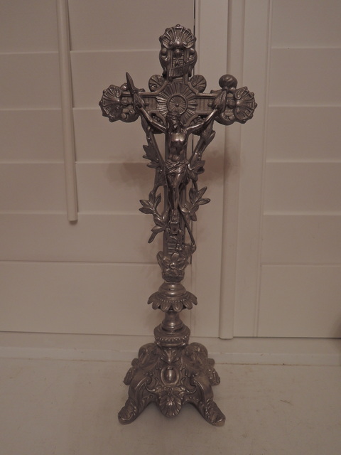 Large Ornate Antique French Metal Altar Standing Crucifix Jesus Cross Religious