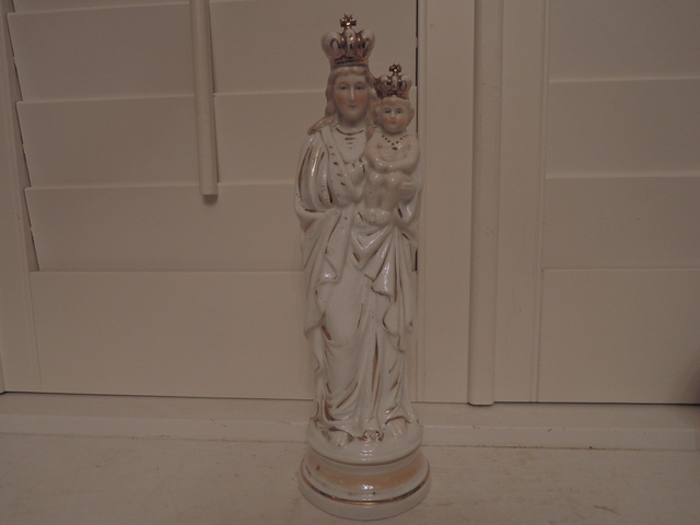 Large Antique French Porcelain Madonna & Child w/Gilt Crowns Statue Figurine
