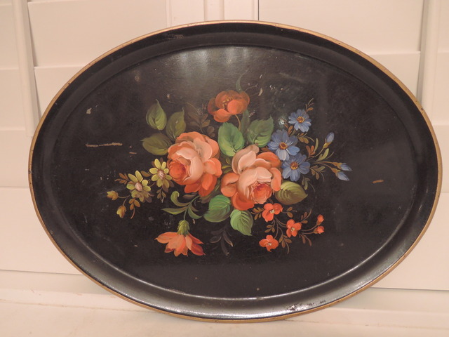 Large Vintage Russian Hand Painted Metal Tole Tray Pink Roses 17.5" x 13" Floral