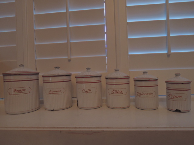 Vintage French Set of 6 Red & White Enamel Canisters Kitchen Enamelware 1930's