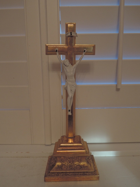 Vintage French Gilt Wooden Cross Bisque Jesus Crucifix Religious