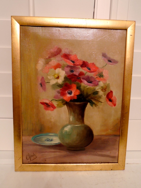 Vintage French Oil on Canvas Floral Still Life Gilt Frame Signed 1956 Poppies Painting