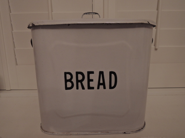 Vintage English Classic Enamel White & Black Bread Bin Box 1920's Enamelware