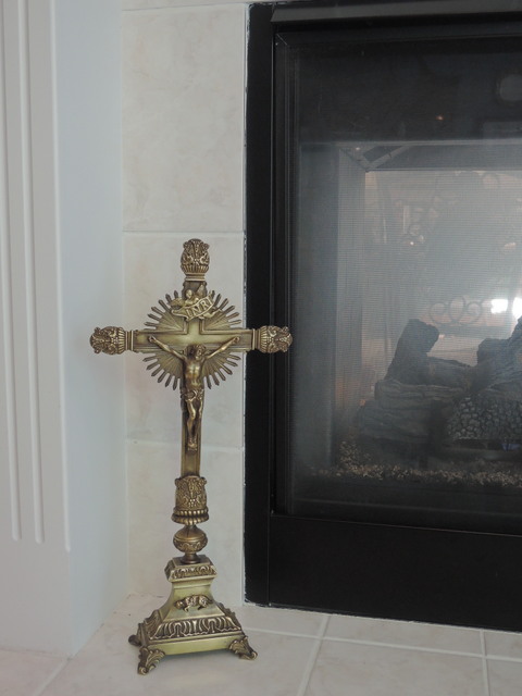 Huge Antique French Brass Standing Altar Cross Jesus Crucifix Angel 21" Church