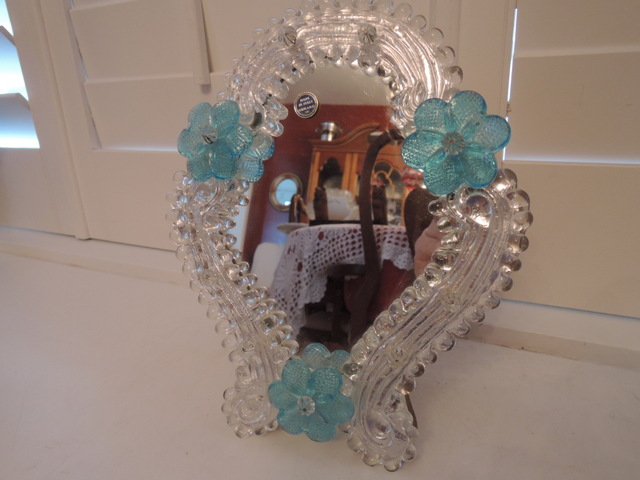 Vintage Venetian Murano Glass Ladies Dresser Mirror Blue Italy