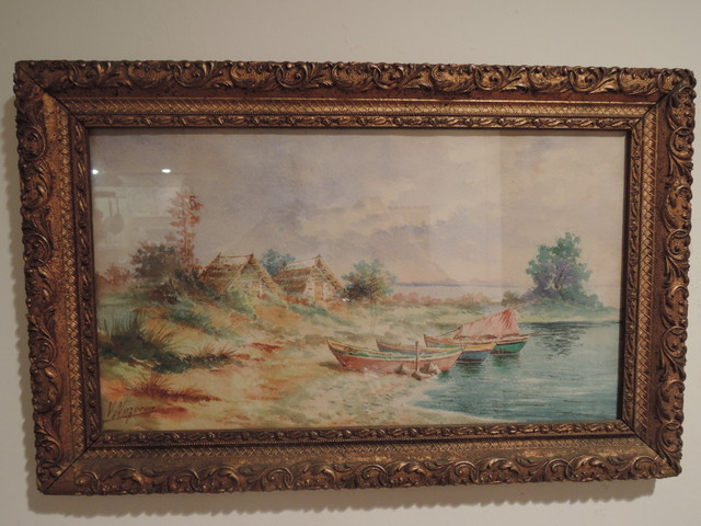 Vintage French Provence Watercolor Seaside Painting Boats c.1940 Gilt Frame Signed