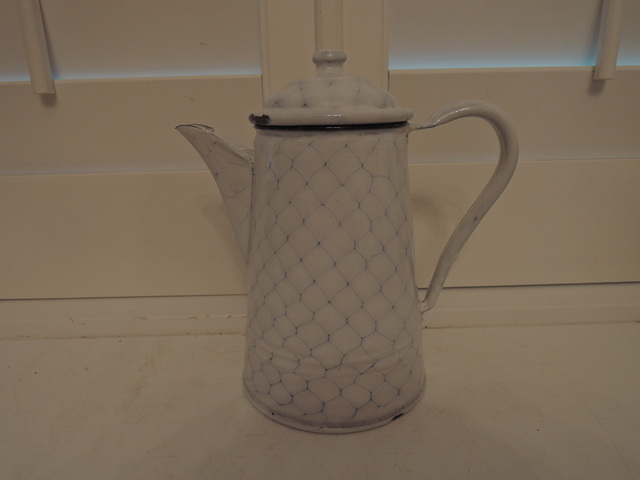 Antique German Enamel White Chicken Wire Medium Coffee Pot Enamelware 1930's