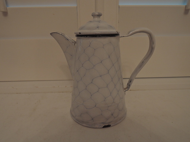 Antique German Enamel White Chicken Wire Small Coffee Pot Enamelware 1930's