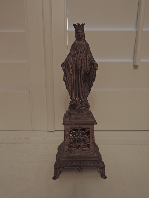 Large Antique French Brass/Bronze Religious Statue of Mary on Ornate Stand