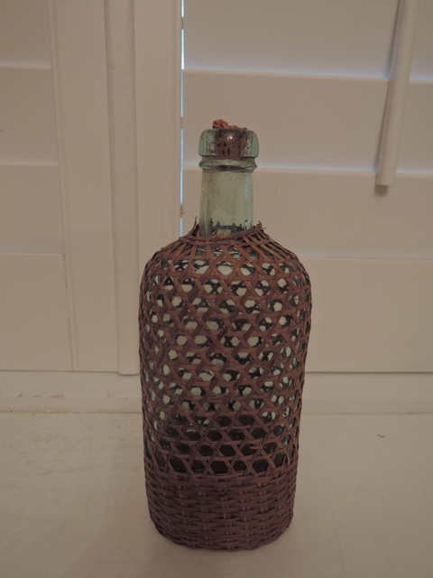 Antique French Wicker Covered Green Glass Bottle w/Cork 9" Tall