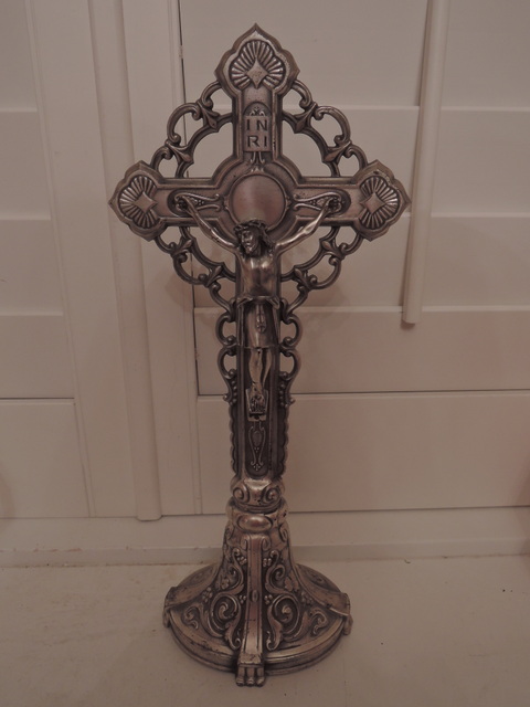 Vintage German Ornate Metal Standing Altar Cross Jesus Crucifix Religious