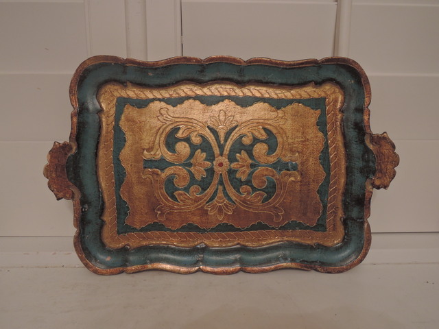 Vintage Italian Florentine Teal & Gold Handled Tray Wood Toleware