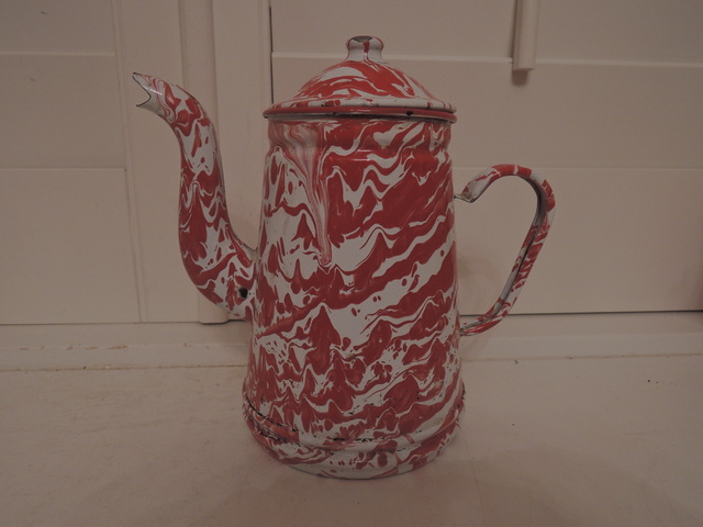 Vintage French Red & White Swirl Enamel Coffee Pot Enamelware