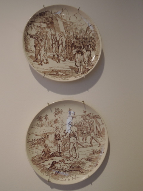 Antique French Brown Transferware Pair of Plates African Slave Soldiers 8" Plate