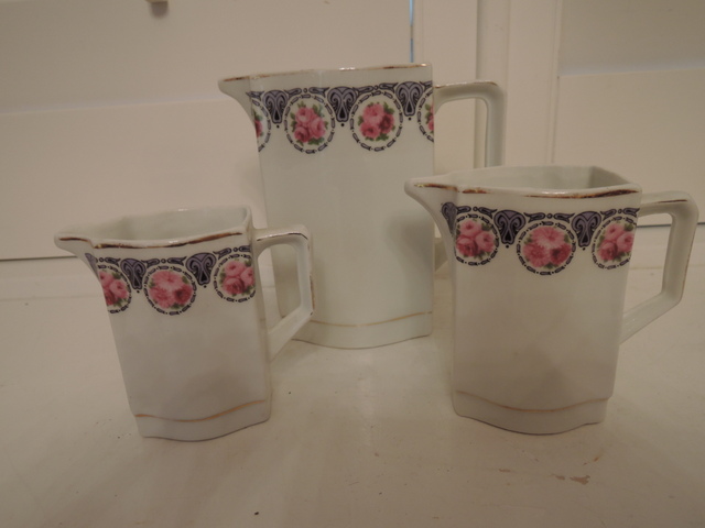 Vintage Set of 3 French Pitchers White w/Blue & Pink Roses Ceramic