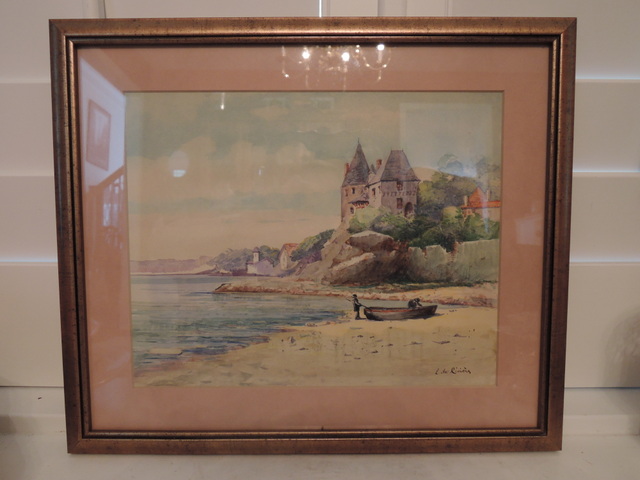 Vintage French Watercolor Landscape Normandy Sea Gilt Framed Signed Painting