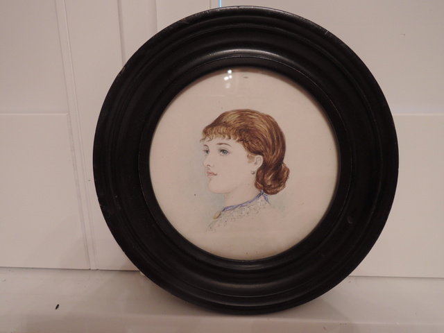 Antique English Small Watercolor Portrait Ebony Framed Young Woman