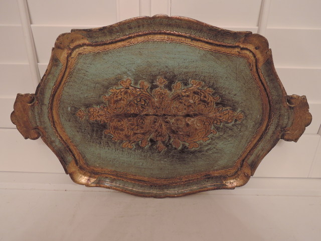 Huge Italian Florentine Wooden Handled Tray Platter Turquoise Gilt Gold Green 24"