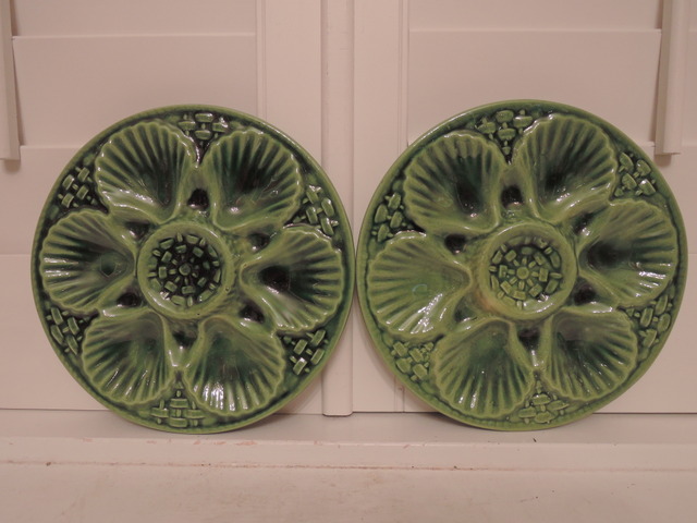 Vintage French Majolica Pair of Green Oyster Plates Fait Main