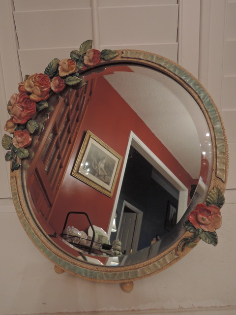 Stunning English Barbola Bevelled Dressing Mirror Pink Roses Ribbon Border