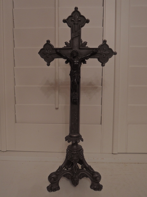 Antique French Ornate Heavy Metal Altar Cross Crucifix Jesus Religious 19.5"