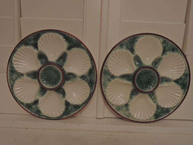 Antique Pair of French Majolica Green & White Oyster Plates