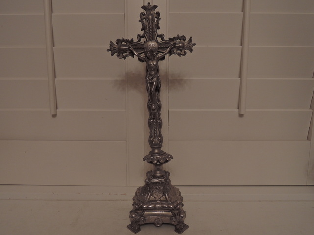 Vintage French Ornate Metal Altar Cross Crucifix Jesus Religious 17"