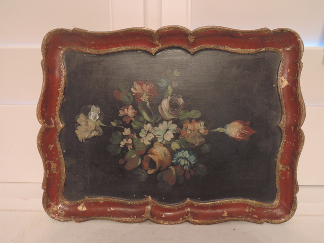 Vintage French Hand Painted Wooden Tray Wood Platter Roses