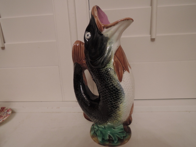 Antique 19th C. Majolica Gurgling Fish Pitcher Fabulous Colors