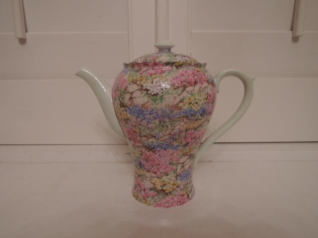 Vintage Shelley Chintz Rock Garden Bone China Teapot Mint Green Coffee Pot