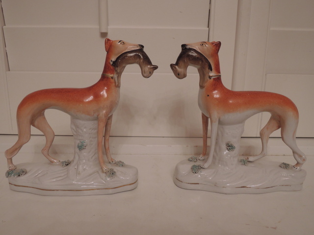 Antique Pair of Greyhound Dogs Staffordshire Whippet Figurines