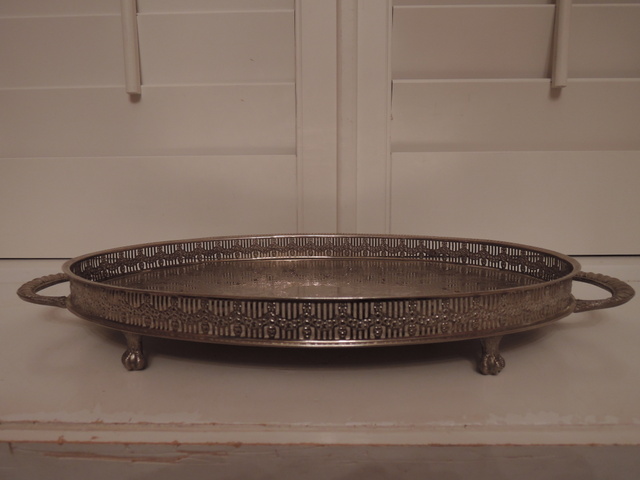 Vintage English Silverplate Handled Footed Oval Reticulated Gallery Tray Claw Feet