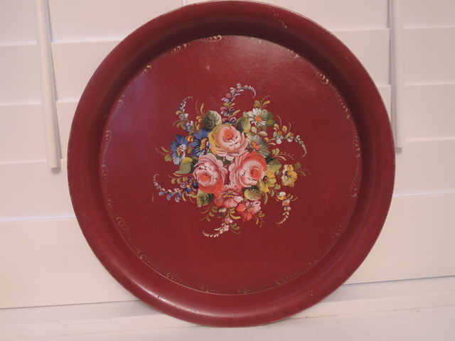 Vintage Large French Handpainted Red Tole Tray Pink Roses Toleware
