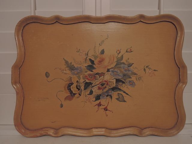 Large Vintage Yellow Wooden Tole Tray Wood Hand Painted Autumn Colors