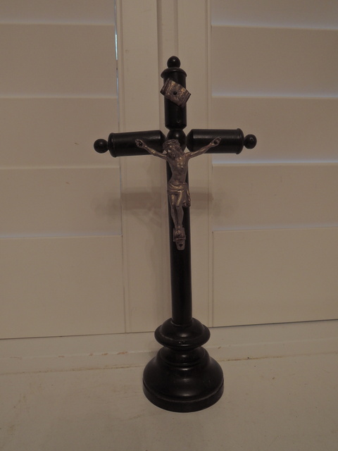 Vintage French Ebony Wood Standing Altar Jesus Crucifix Wooden Cross Religious