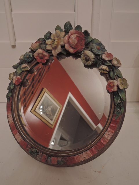 Antique Original Beveled Barbola Round Mirror w/Ribboned Border Pink Roses 1920's