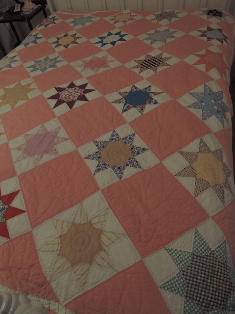 Antique 1930's Feedsack Pink Ohio Star Hand Quilted 86 x 74 Pieced Quilt