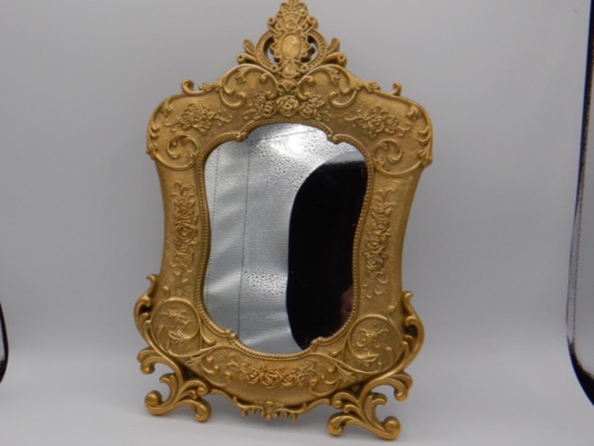 Antique English Ornate Gilt Bronze Easel Stand Dresser Mirror