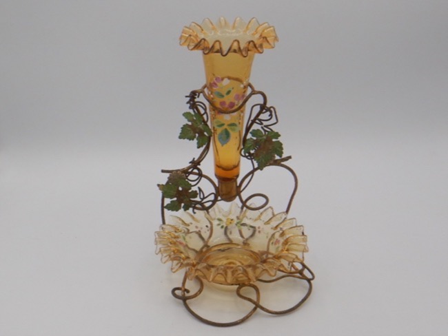 Antique French Ormolu Glass & Enamel Vase & Jewelry Dish Lovely