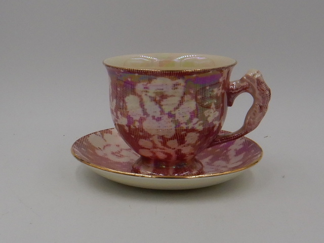 Royal Winton Chintz Pink Rose Brocade Cup & Saucer Rosebud 1950's Luster