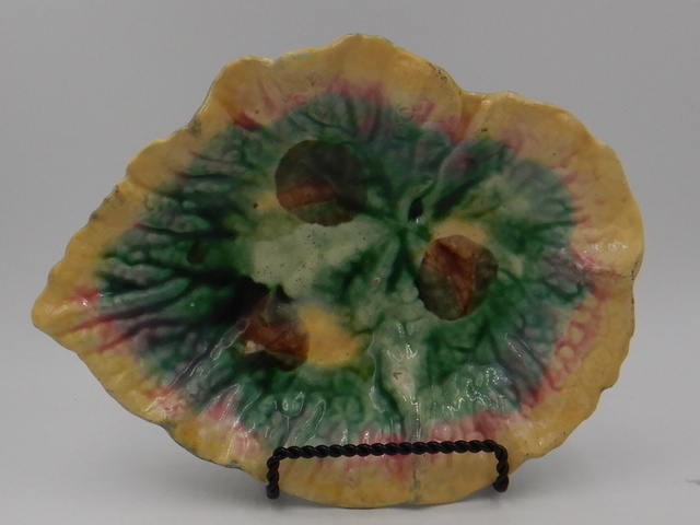 Antique Etruscan Majolica Begonia Leaf Dish Griffin Smith & Hill Green Brown Yellow Pink