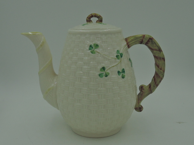 Rare! Belleek Irish Shamrock Basketweave Coffee Tea Pot Early Green Mark